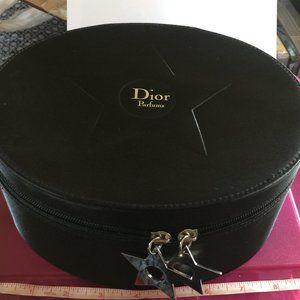 Round Dior Silver Star Charms Black Cosmetic Bag  8" x 4" has mirrored insert
